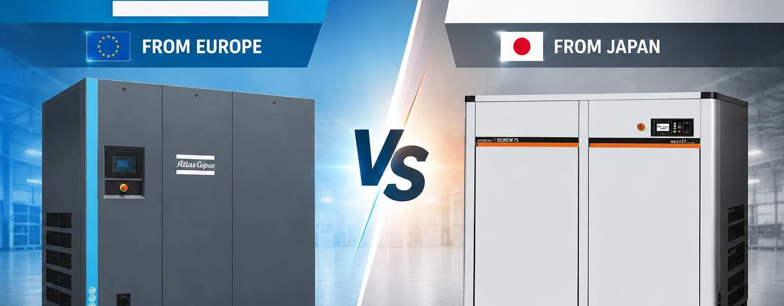 Máy nén khí Atlas Copco vs Hitachi: So sánh chi tiết cho nhà xưởng sản xuất