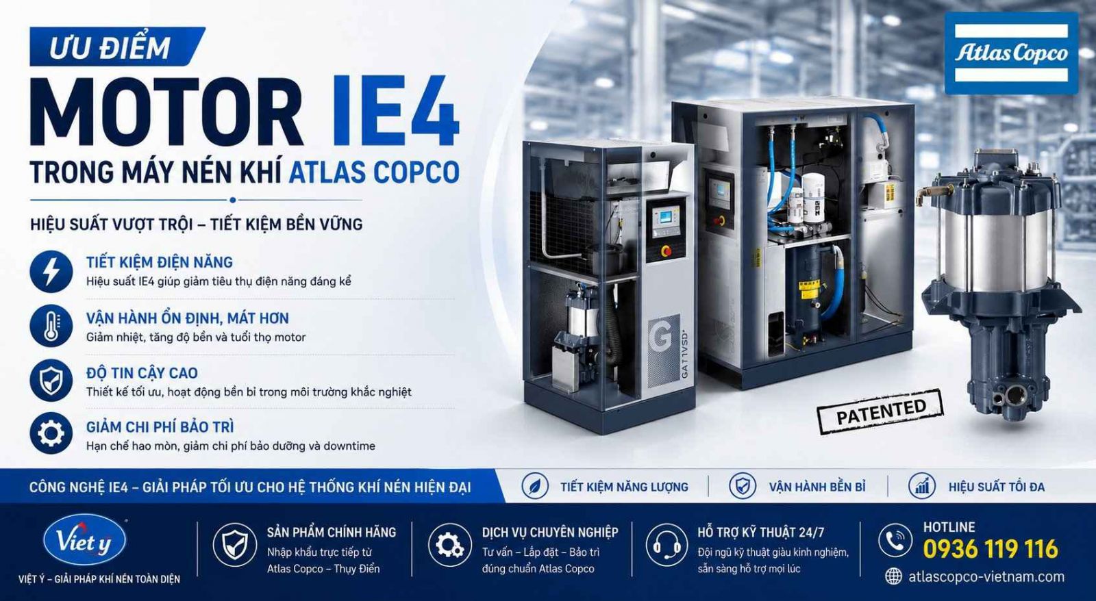 Motor IE4 trong máy nén khí atlas copco